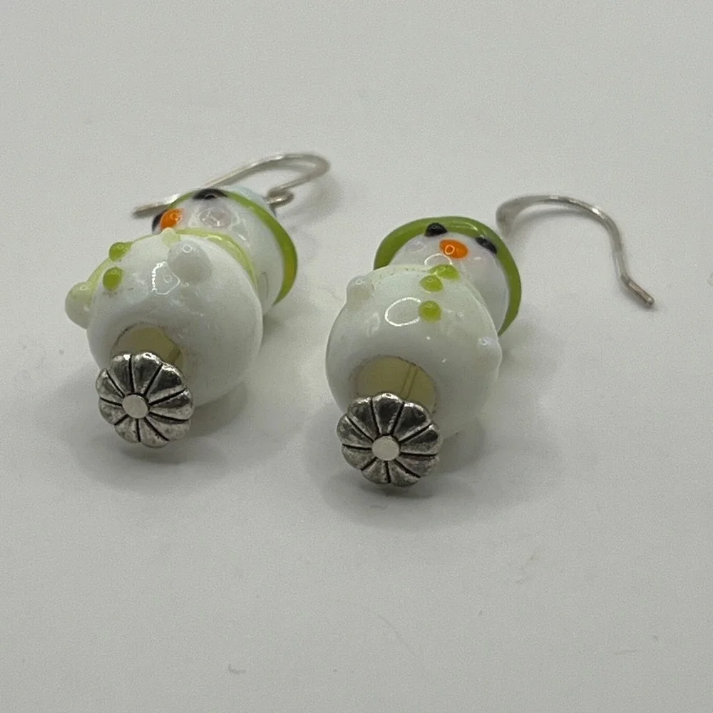Vintage Snowman Pierced‎ Earrings White Glass and Silver Tone Winter Holiday
